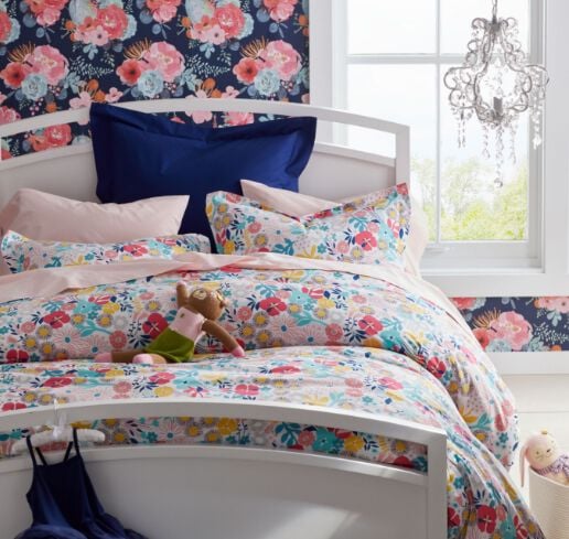 bed with floral bedding
