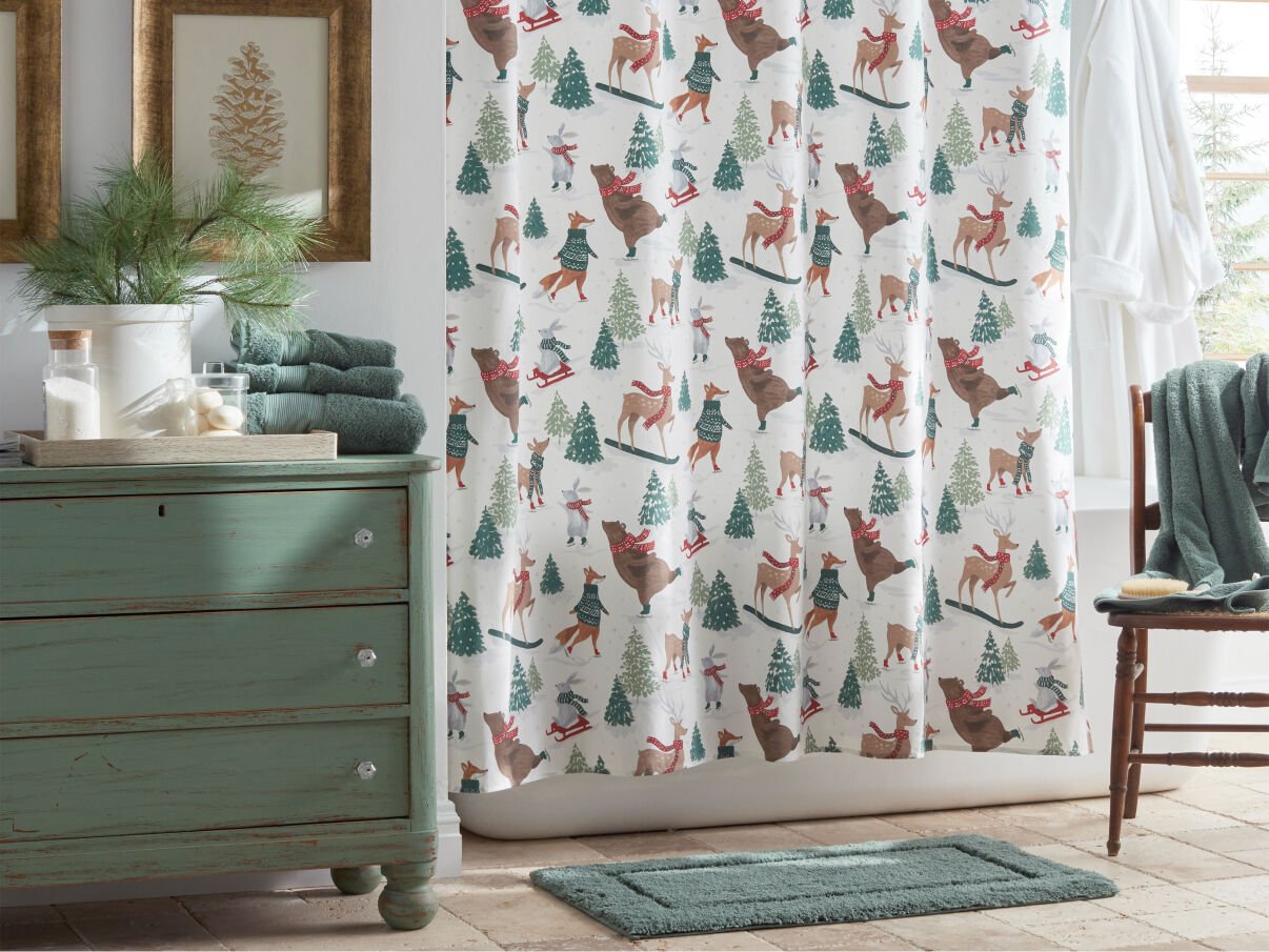 Image of bathroom with whimsical holiday shower curtain Image of bathroom with whimsical holiday shower curtain