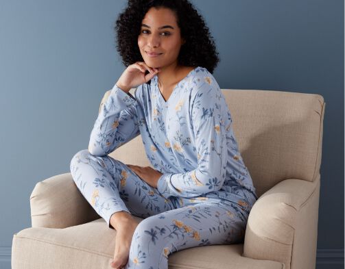woman in patterned pajamas