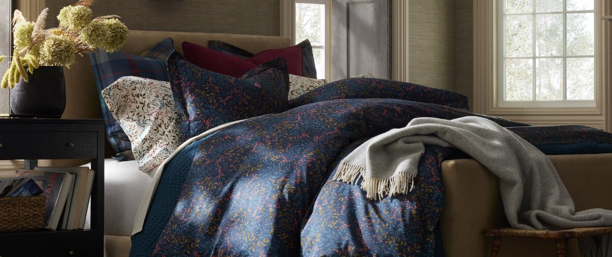 Bed with Navy Fall Floral Duvet Cover