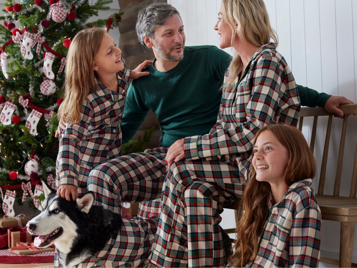 Image of family and dog in matching PJs